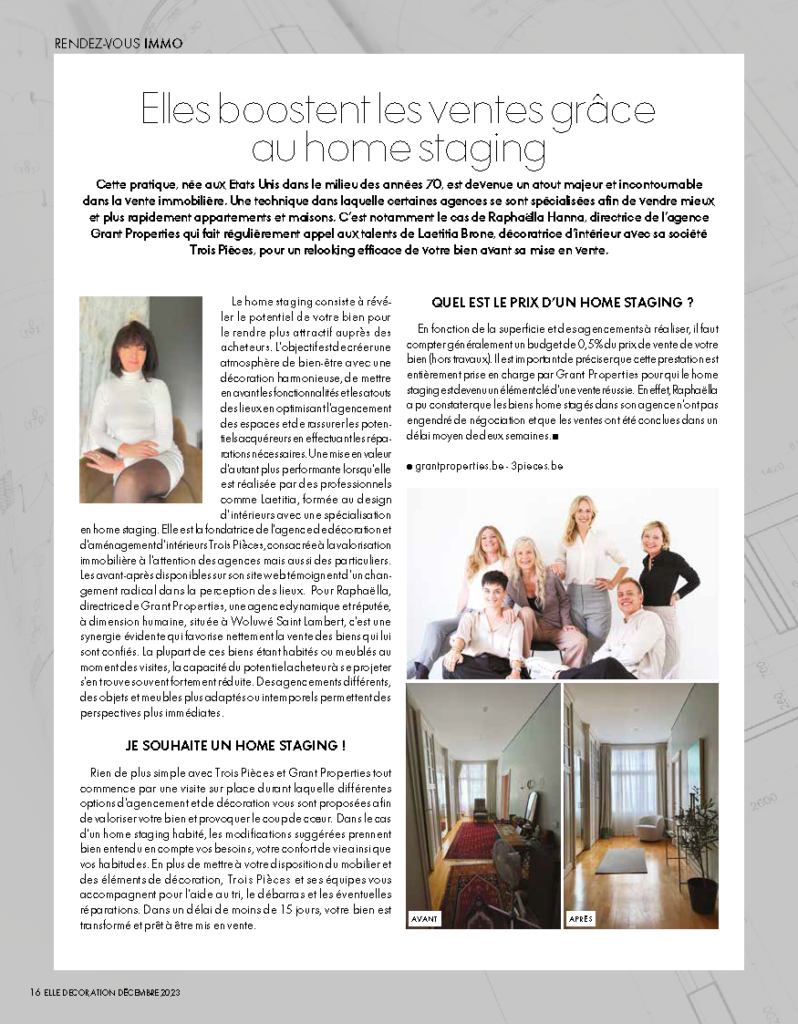 Elles boostent les ventes avec le home staging. Article dans le Elle décoration Belgique - Décembre 2023